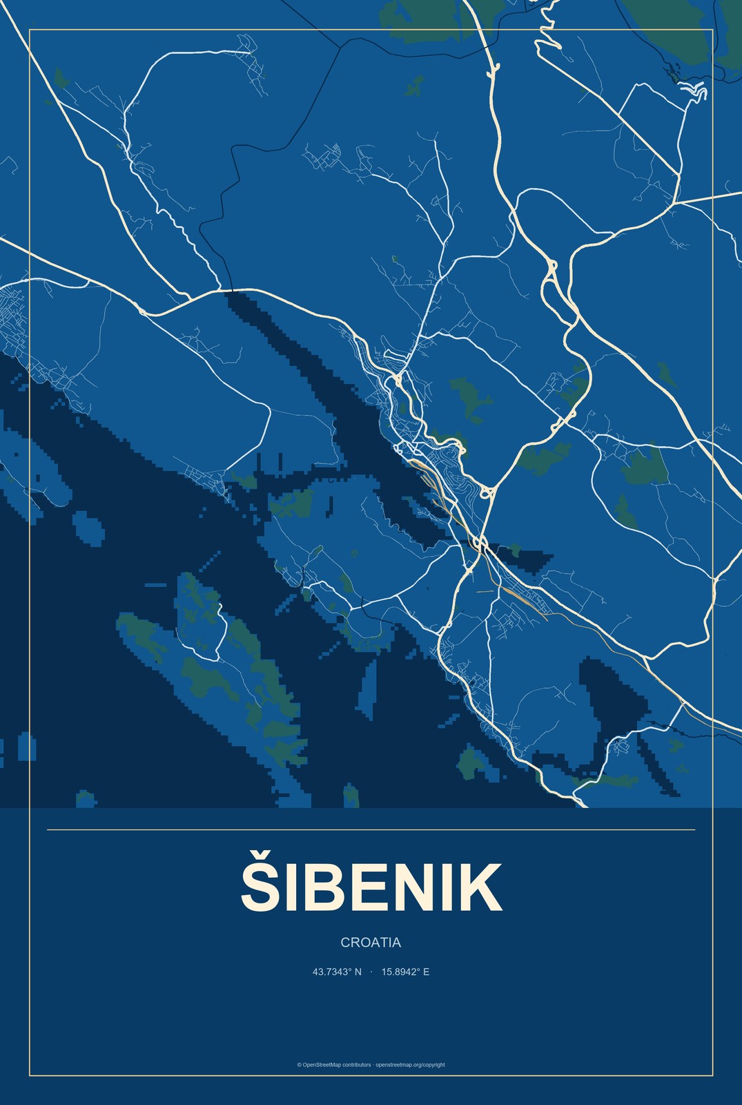 Šibenik, Croatia City Map Aluminum Sign in Harbor Cobalt style