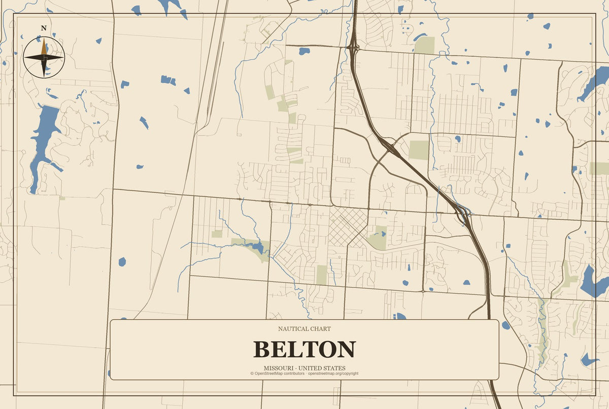 Belton, Missouri City Map Aluminum Sign in Heritage Nautical style