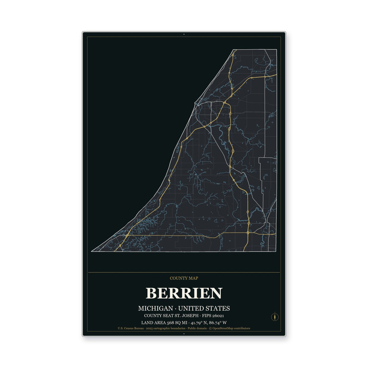Berrien County, Michigan Map Aluminum Sign in Metropolitan Noir style