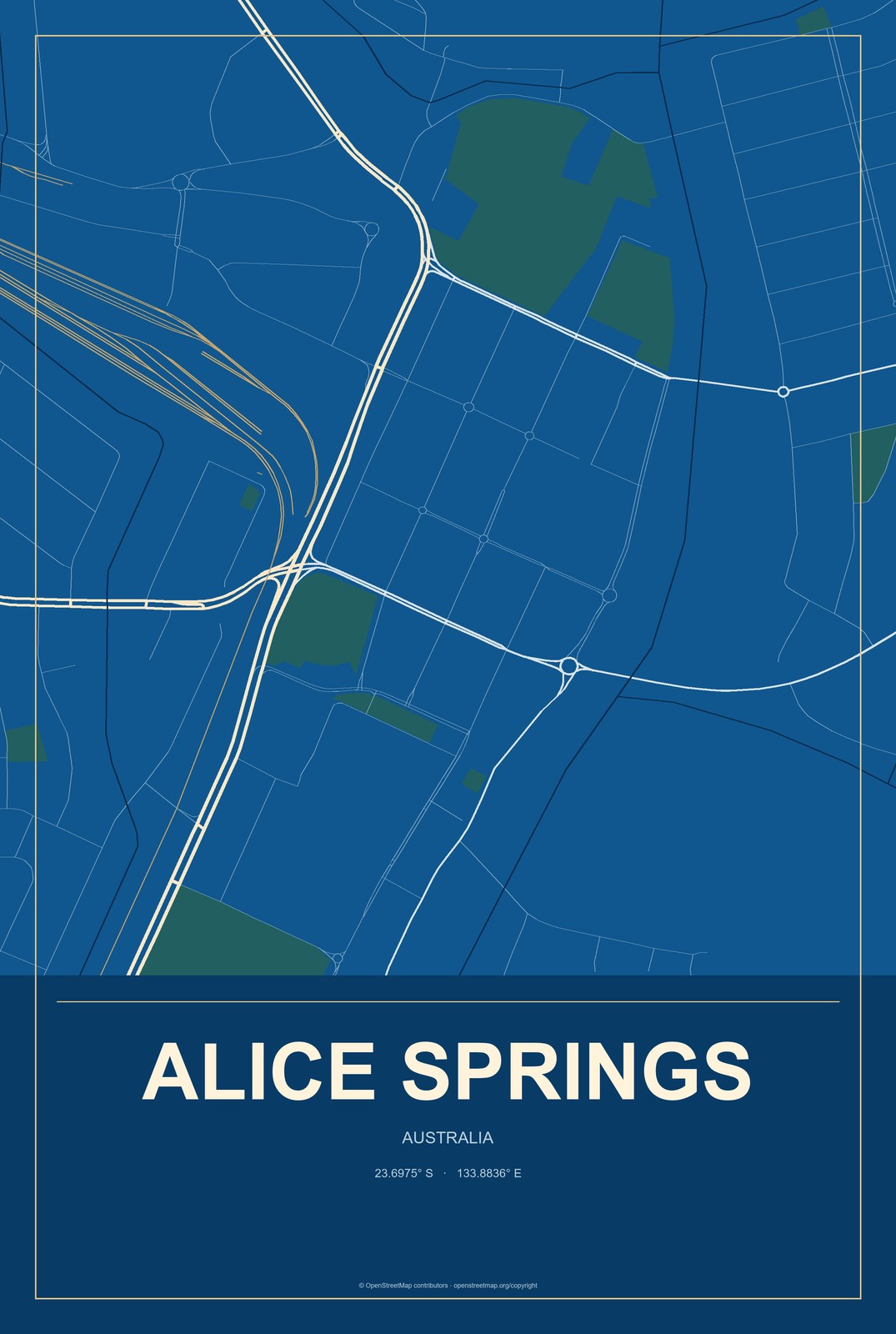 Alice Springs, Australia City Map Aluminum Sign in Harbor Cobalt style