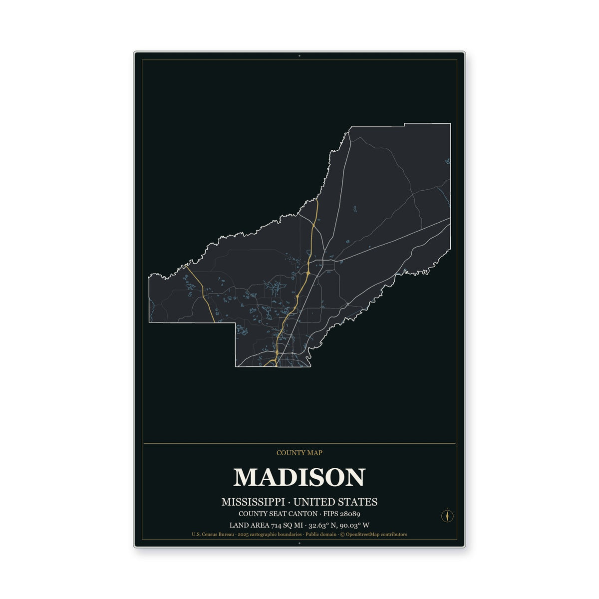 Madison County, Mississippi Map Aluminum Sign in Metropolitan Noir style