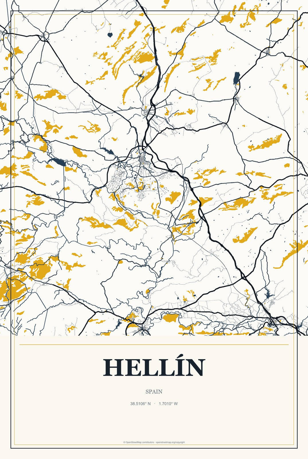 Hellín, Spain City Map Aluminum Sign in Citrine Modern style