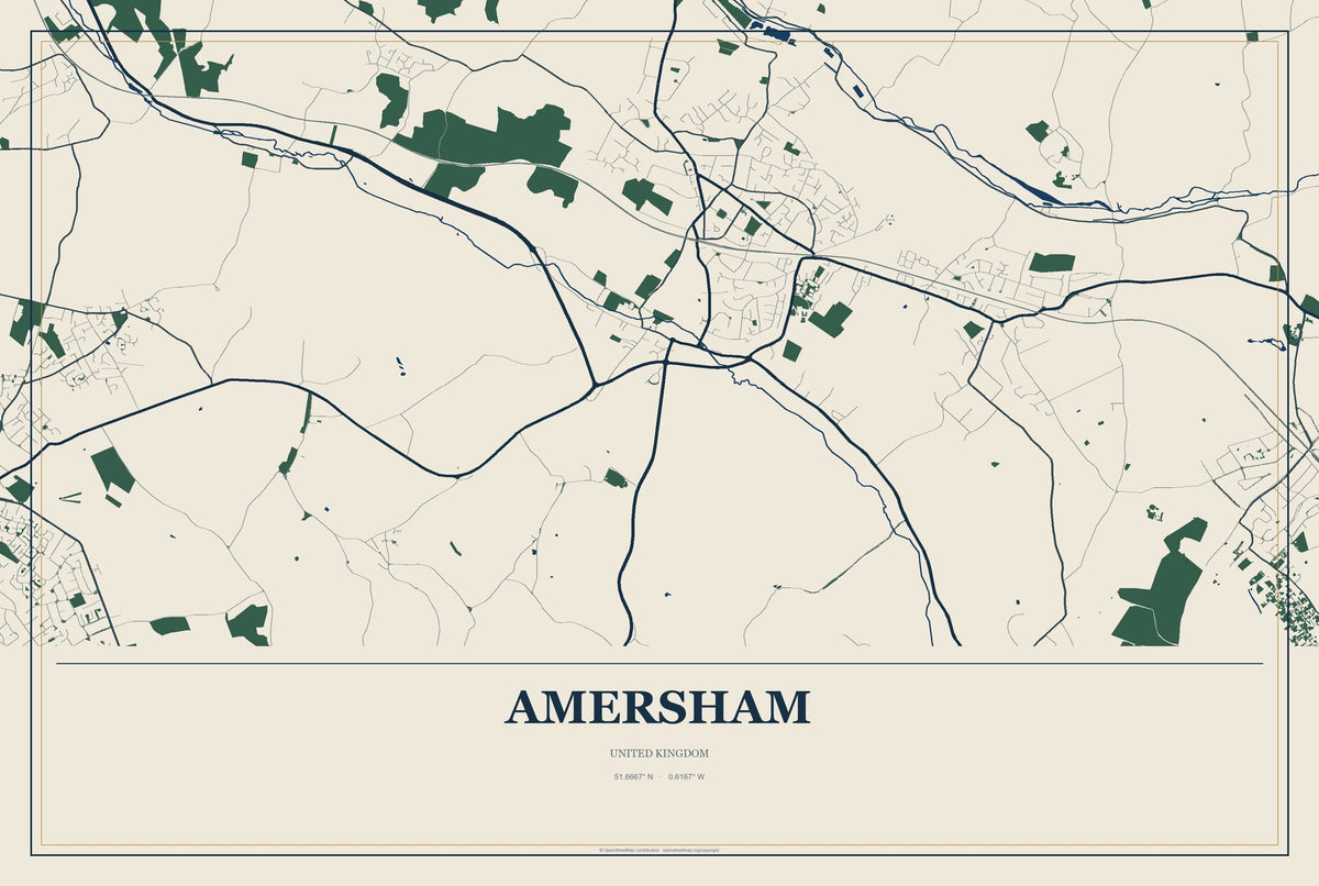 Amersham, United Kingdom City Map Aluminum Sign in Coastal Cutout style
