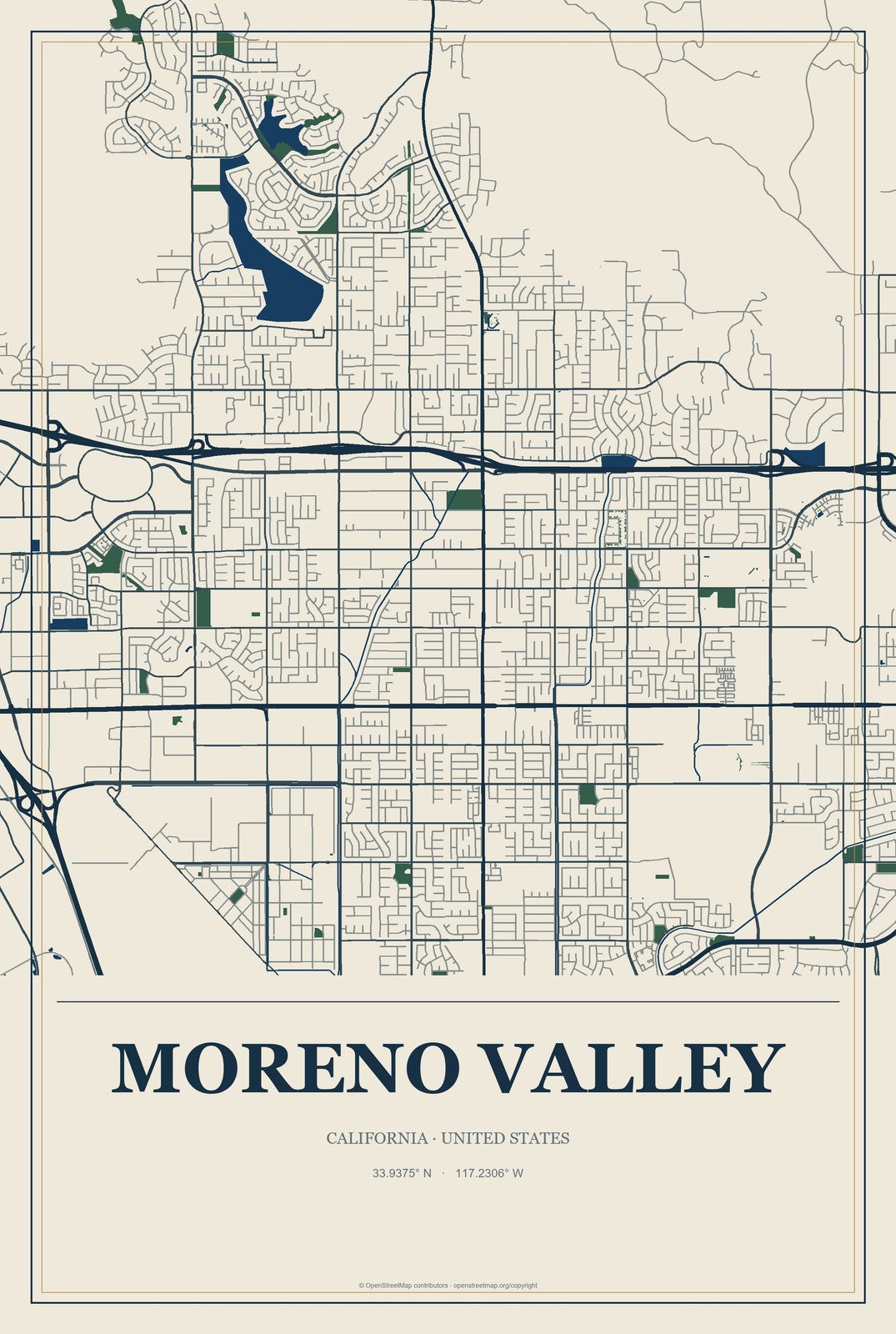 Moreno Valley, California City Map Aluminum Sign in Coastal Cutout style