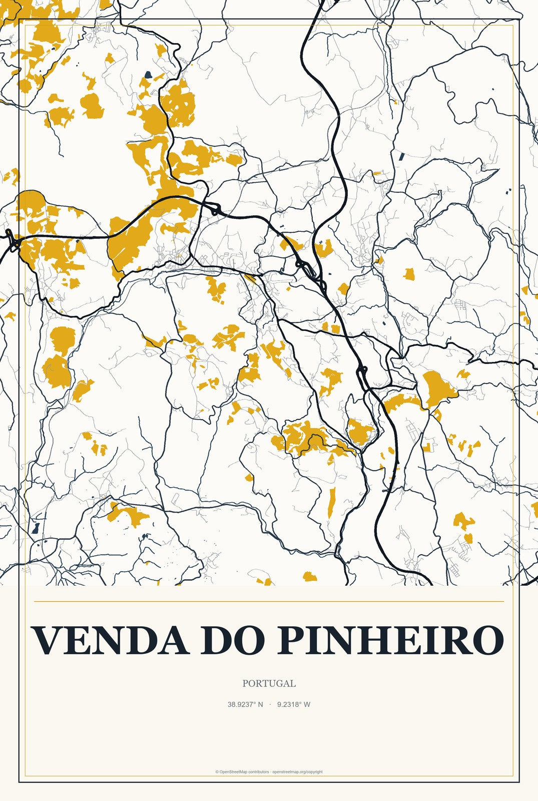 Venda do Pinheiro, Portugal City Map Aluminum Sign in Citrine Modern style