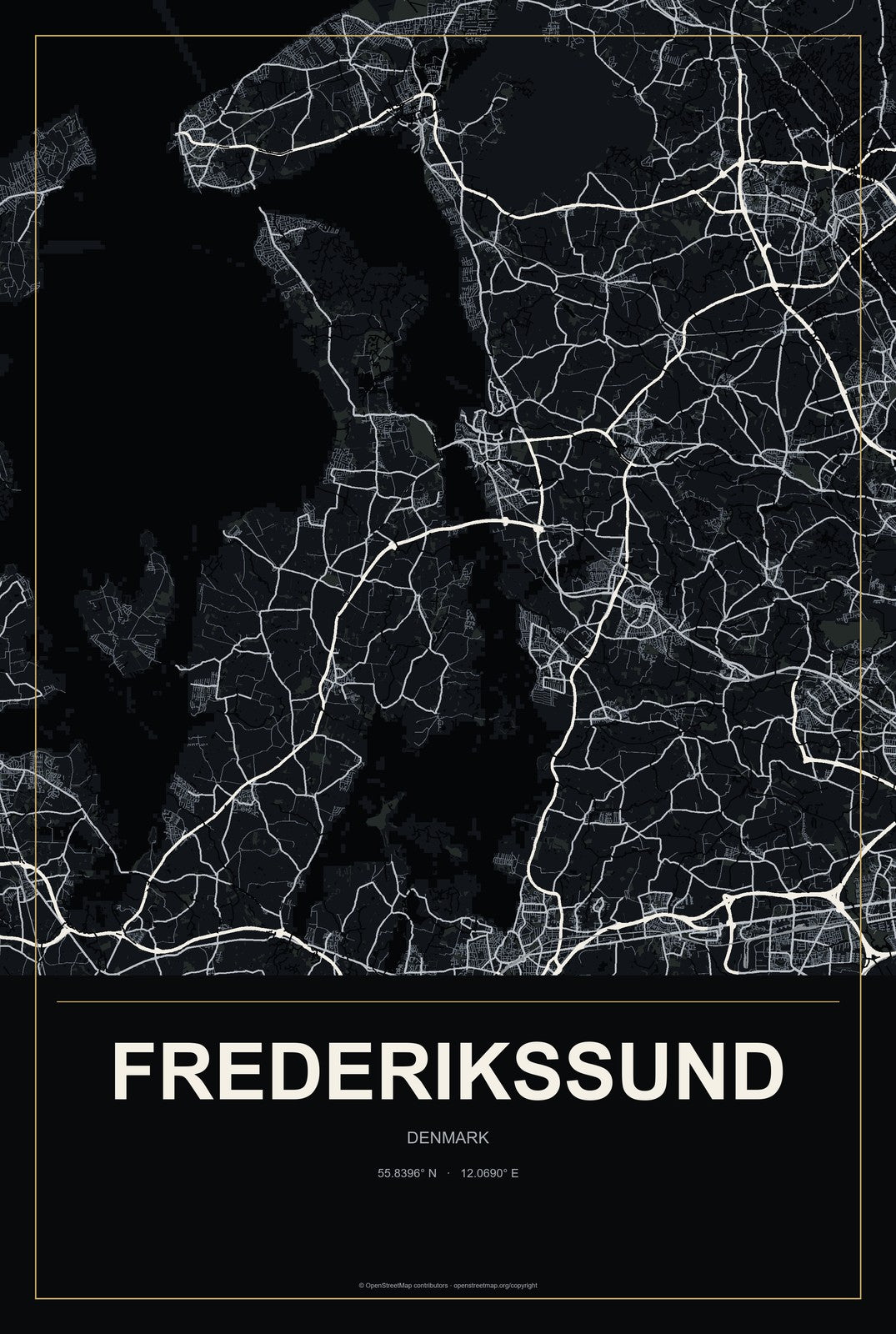 Frederikssund, Denmark City Map Aluminum Sign in Metropolitan Noir style