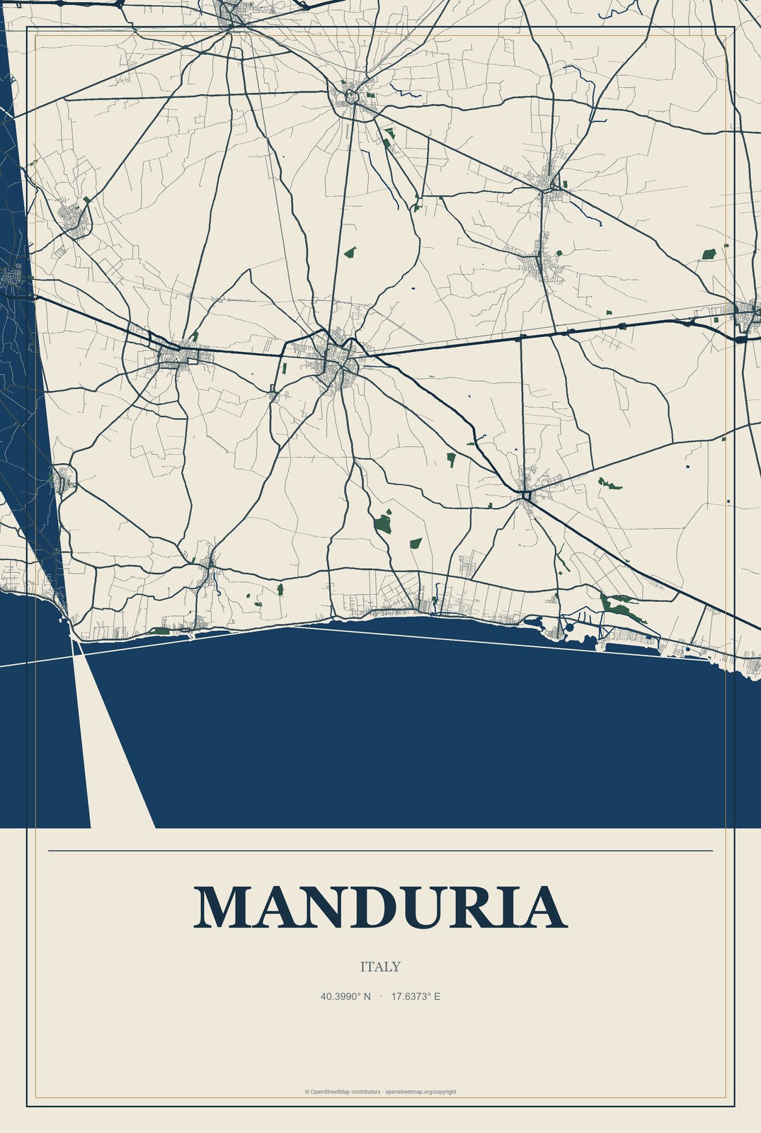Manduria, Italy City Map Aluminum Sign in Coastal Cutout style
