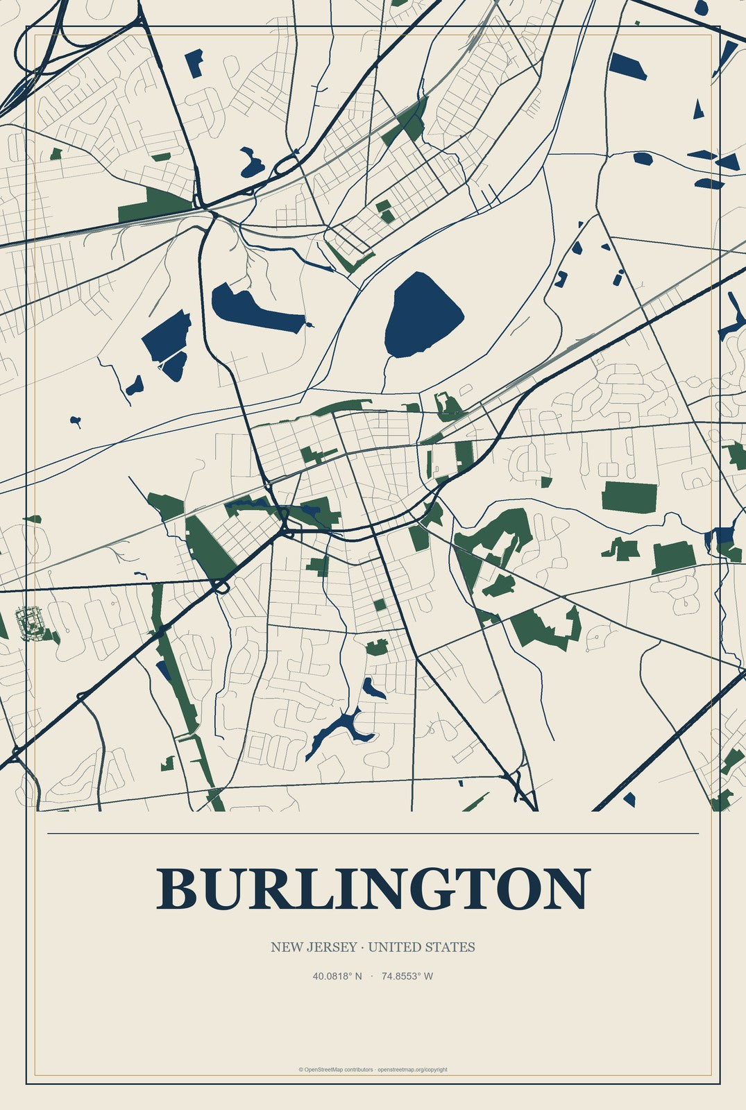 Burlington, New Jersey City Map Aluminum Sign in Coastal Cutout style
