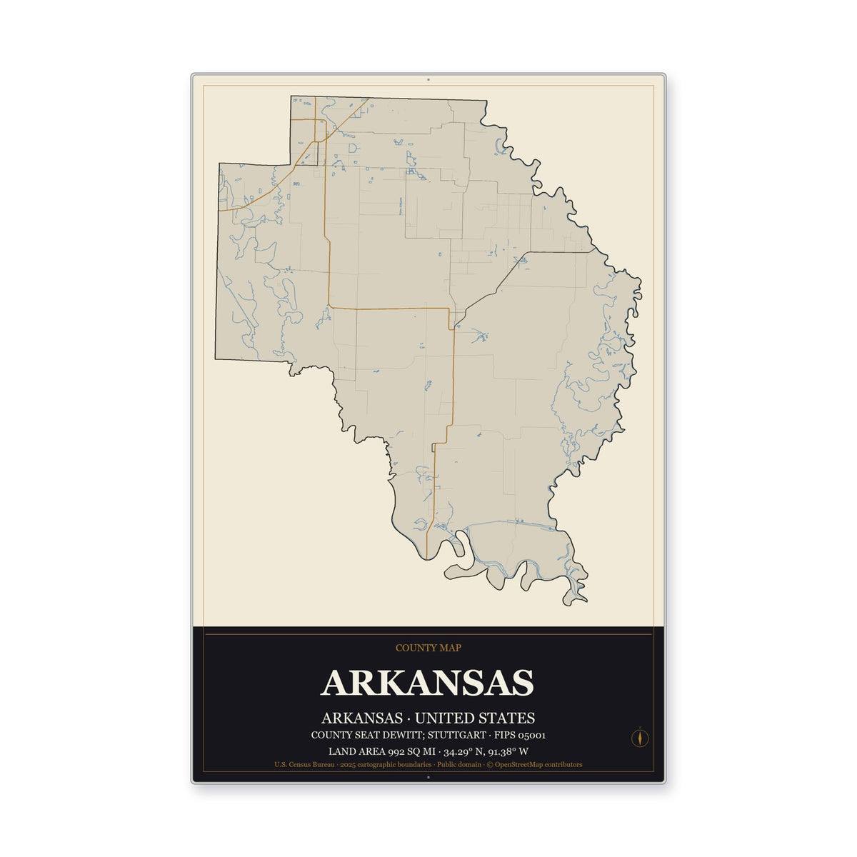 Arkansas County, Arkansas Map Aluminum Sign in Museum Plaque style