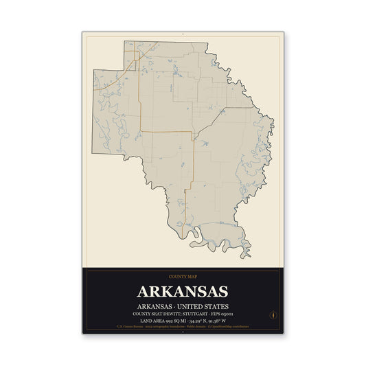 Arkansas County, Arkansas Map Aluminum Sign in Museum Plaque style