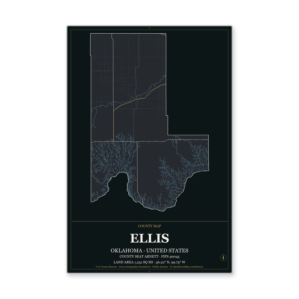 Ellis County, Oklahoma Map Aluminum Sign in Metropolitan Noir style