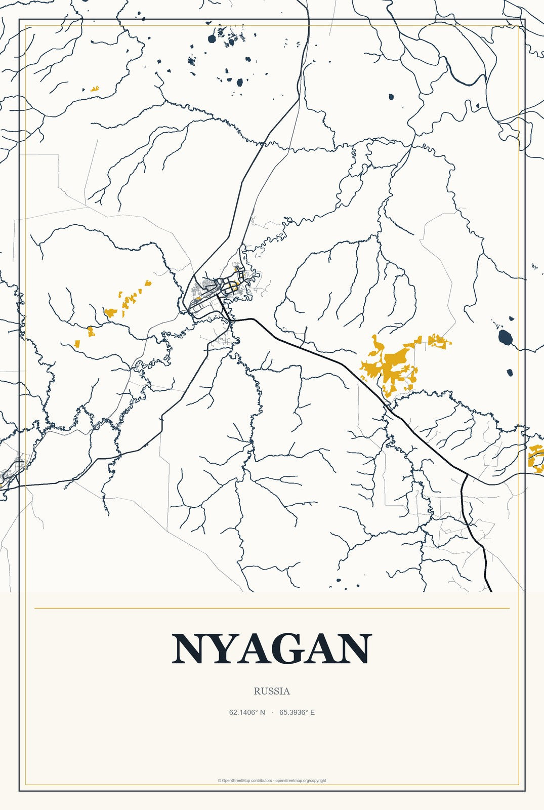 Nyagan, Russia City Map Aluminum Sign in Citrine Modern style