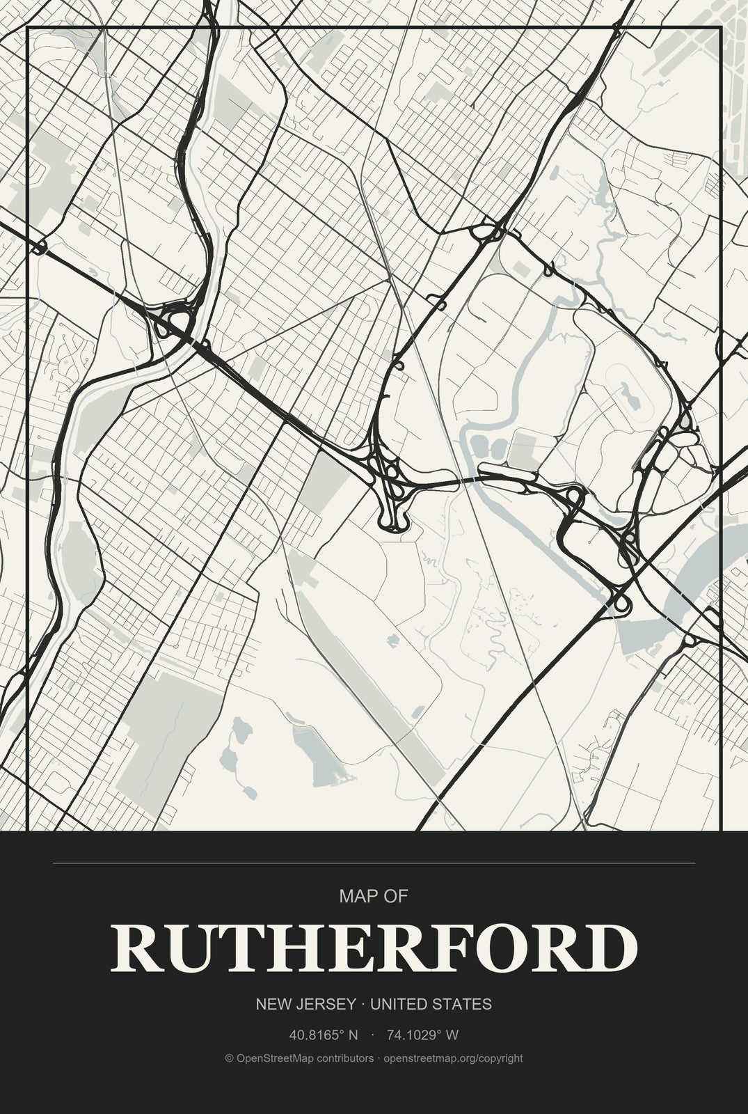 Rutherford, New Jersey City Map Aluminum Sign in Museum Plaque style