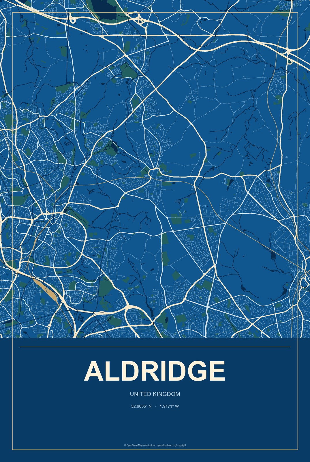 Aldridge, United Kingdom City Map Aluminum Sign in Harbor Cobalt style