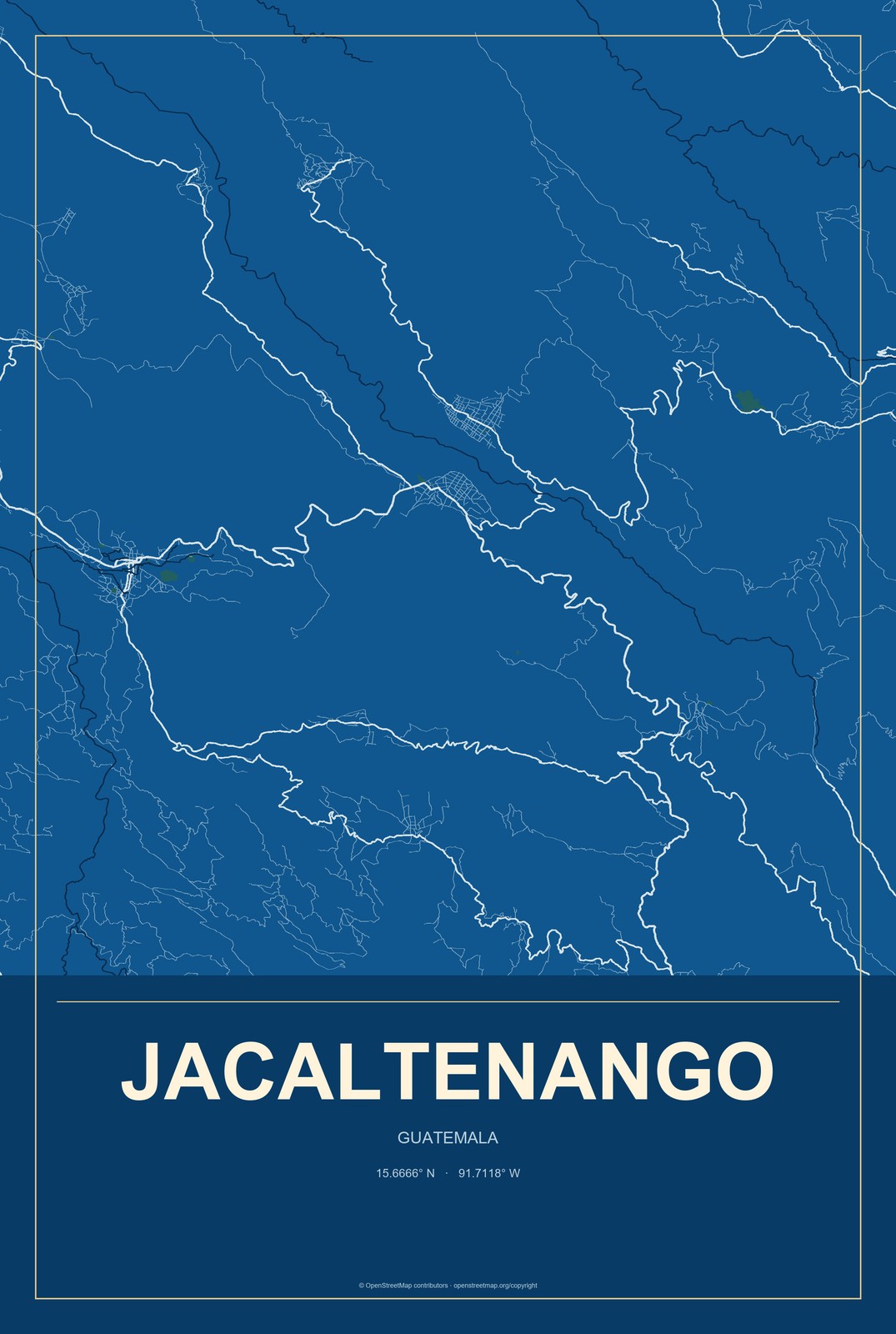 Jacaltenango, Guatemala City Map Aluminum Sign in Harbor Cobalt style