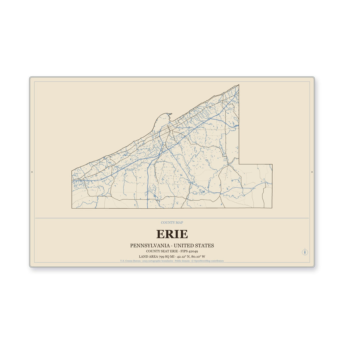 Erie County, Pennsylvania Map Aluminum Sign in Heritage Nautical style