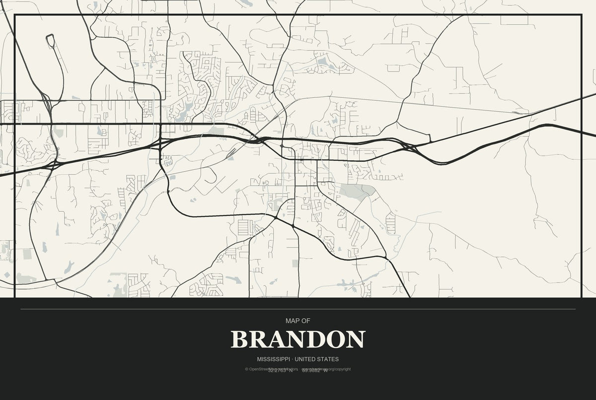 Brandon, Mississippi City Map Aluminum Sign in Museum Plaque style