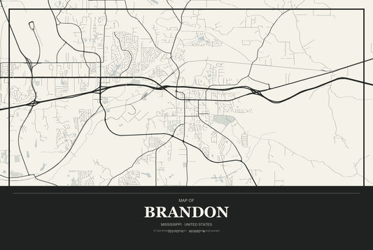 Brandon, Mississippi City Map Aluminum Sign in Museum Plaque style
