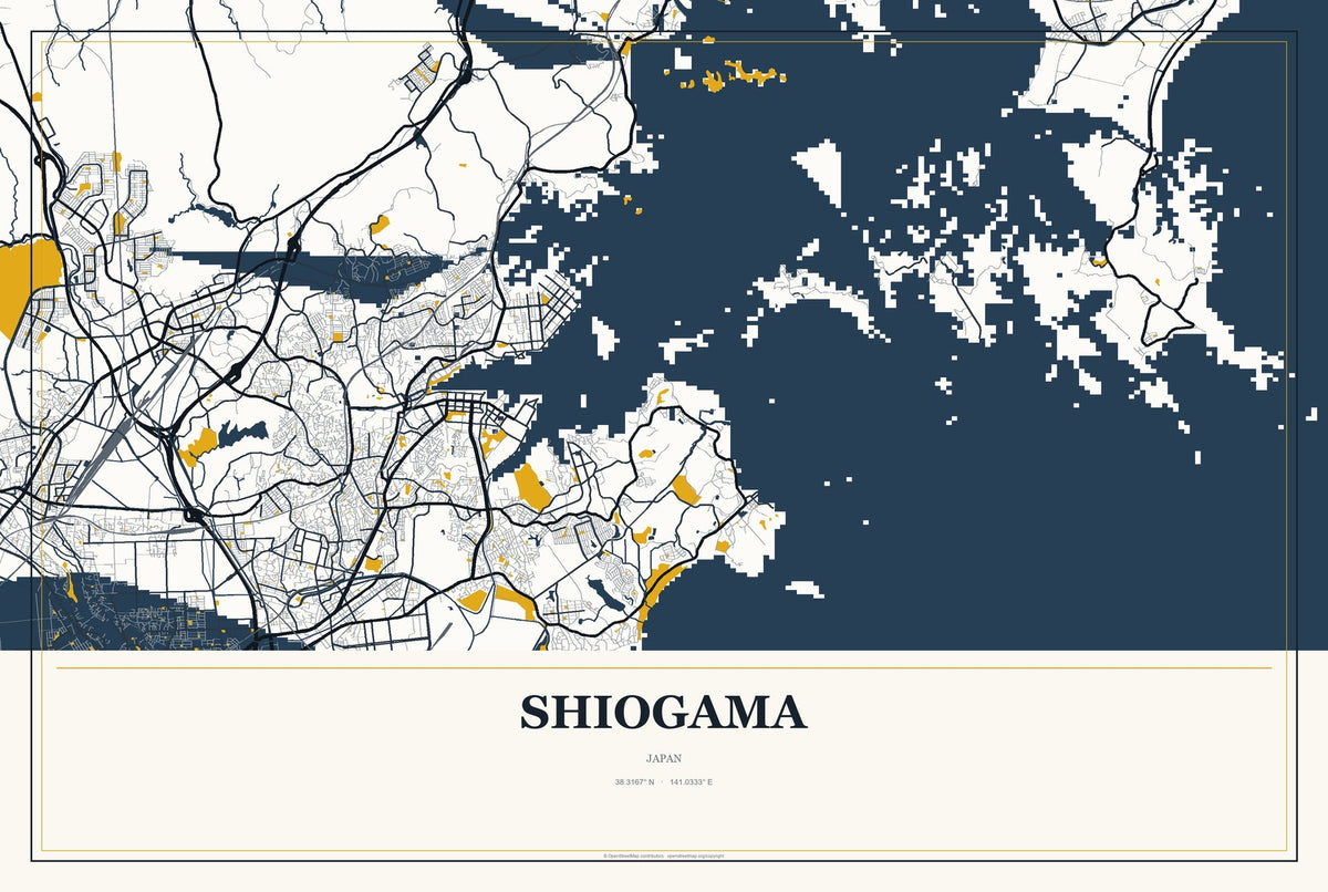 Shiogama, Japan City Map Aluminum Sign in Citrine Modern style