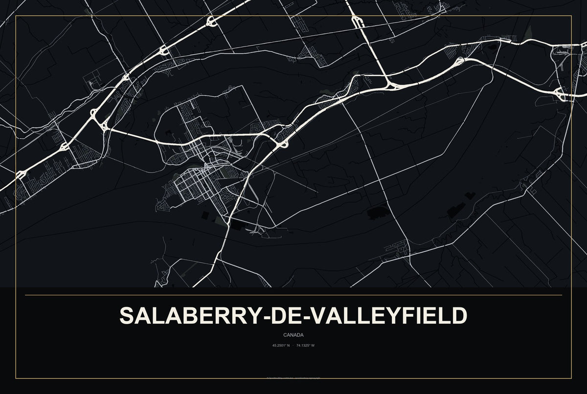 Salaberry-de-Valleyfield, Canada City Map Aluminum Sign in Metropolitan Noir style