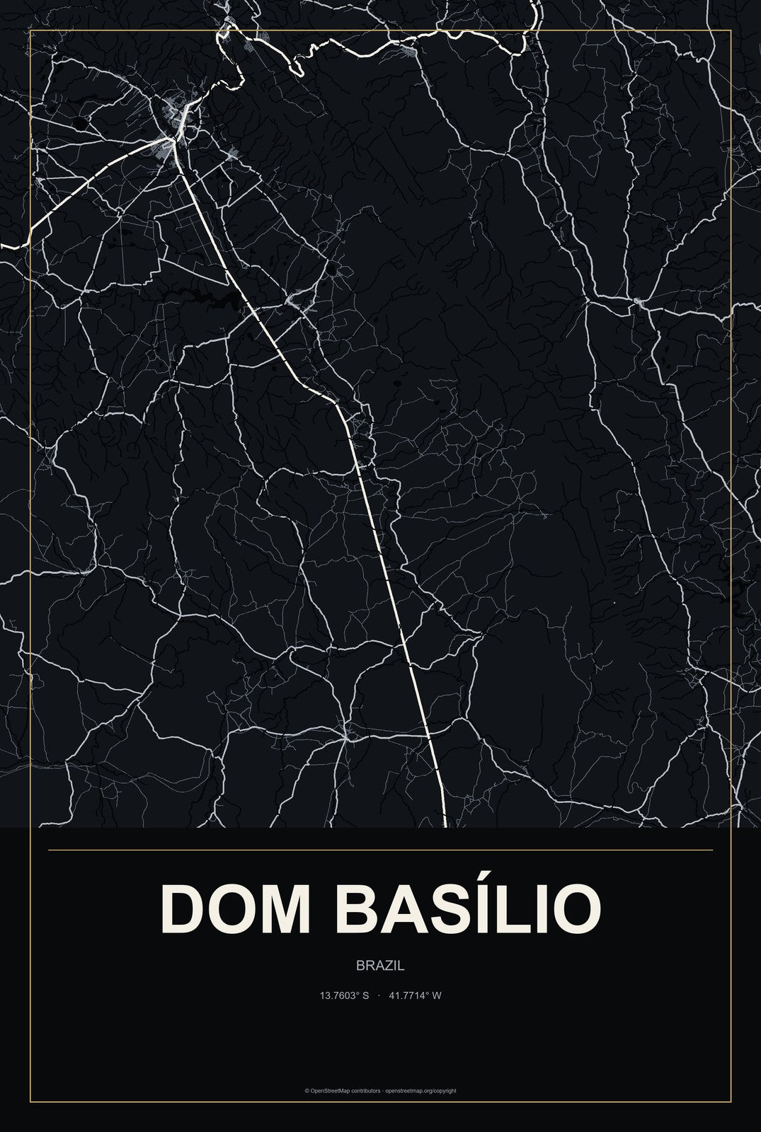 Dom Basílio, Brazil City Map Aluminum Sign in Metropolitan Noir style
