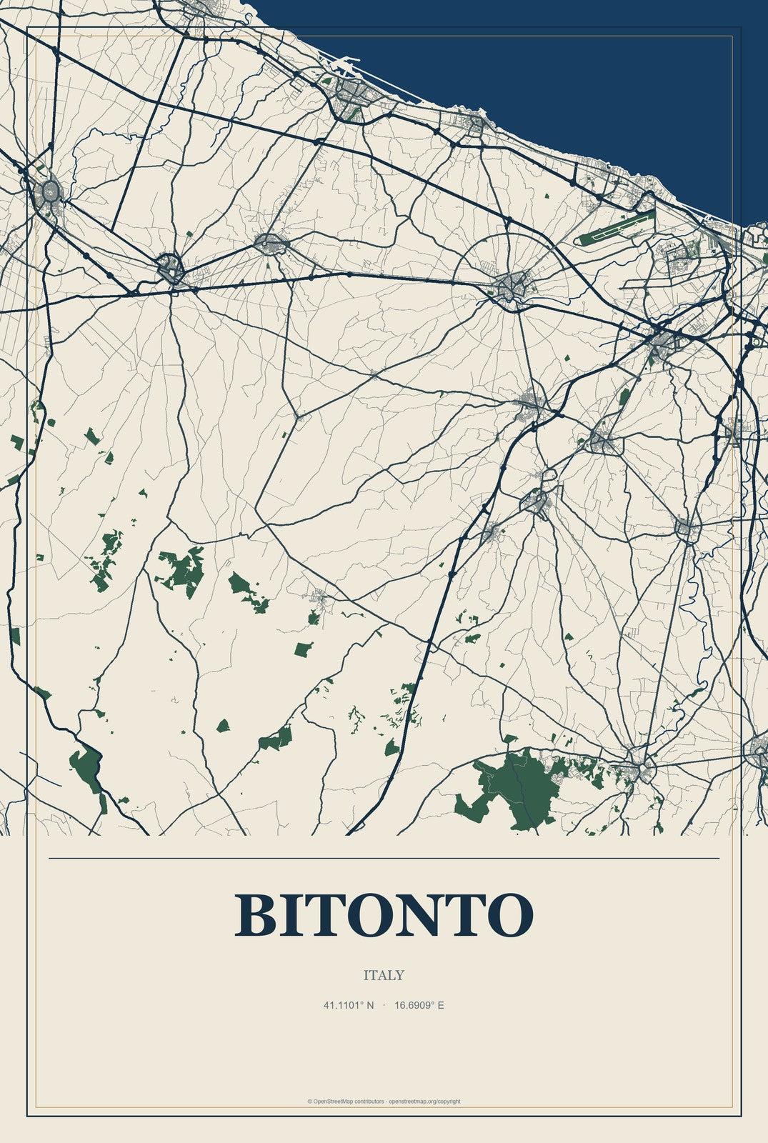 Bitonto, Italy City Map Aluminum Sign in Coastal Cutout style