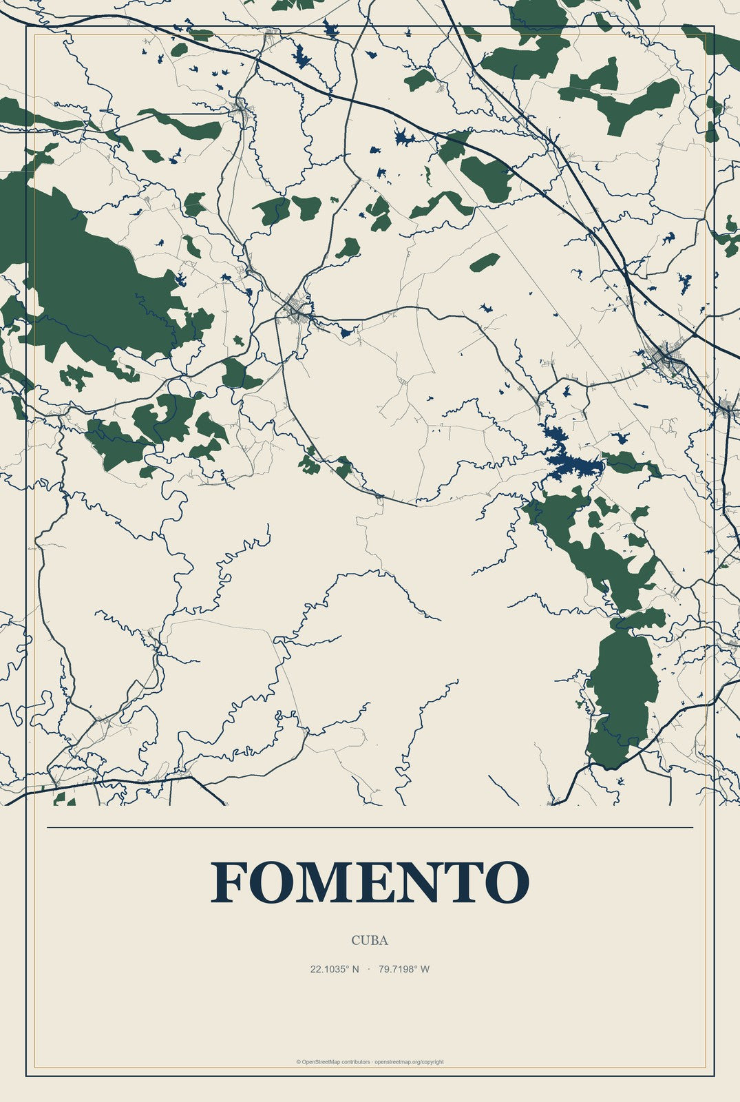 Fomento, Cuba City Map Aluminum Sign in Coastal Cutout style