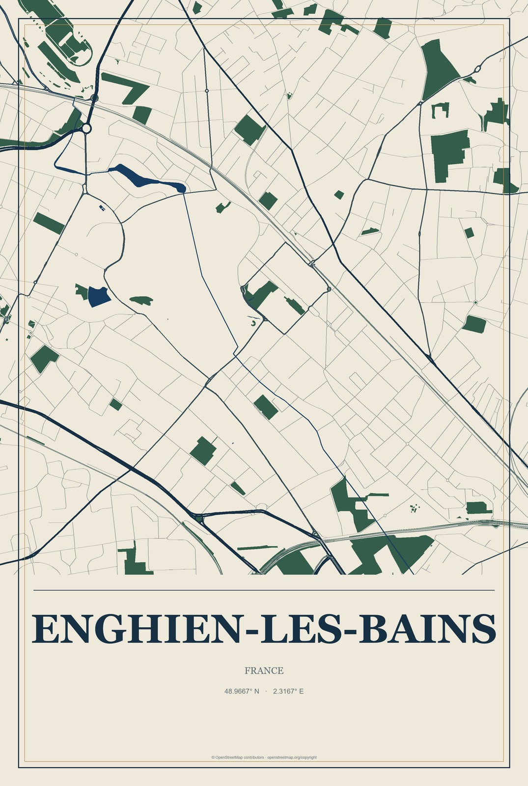 Enghien-les-Bains, France City Map Aluminum Sign in Coastal Cutout style