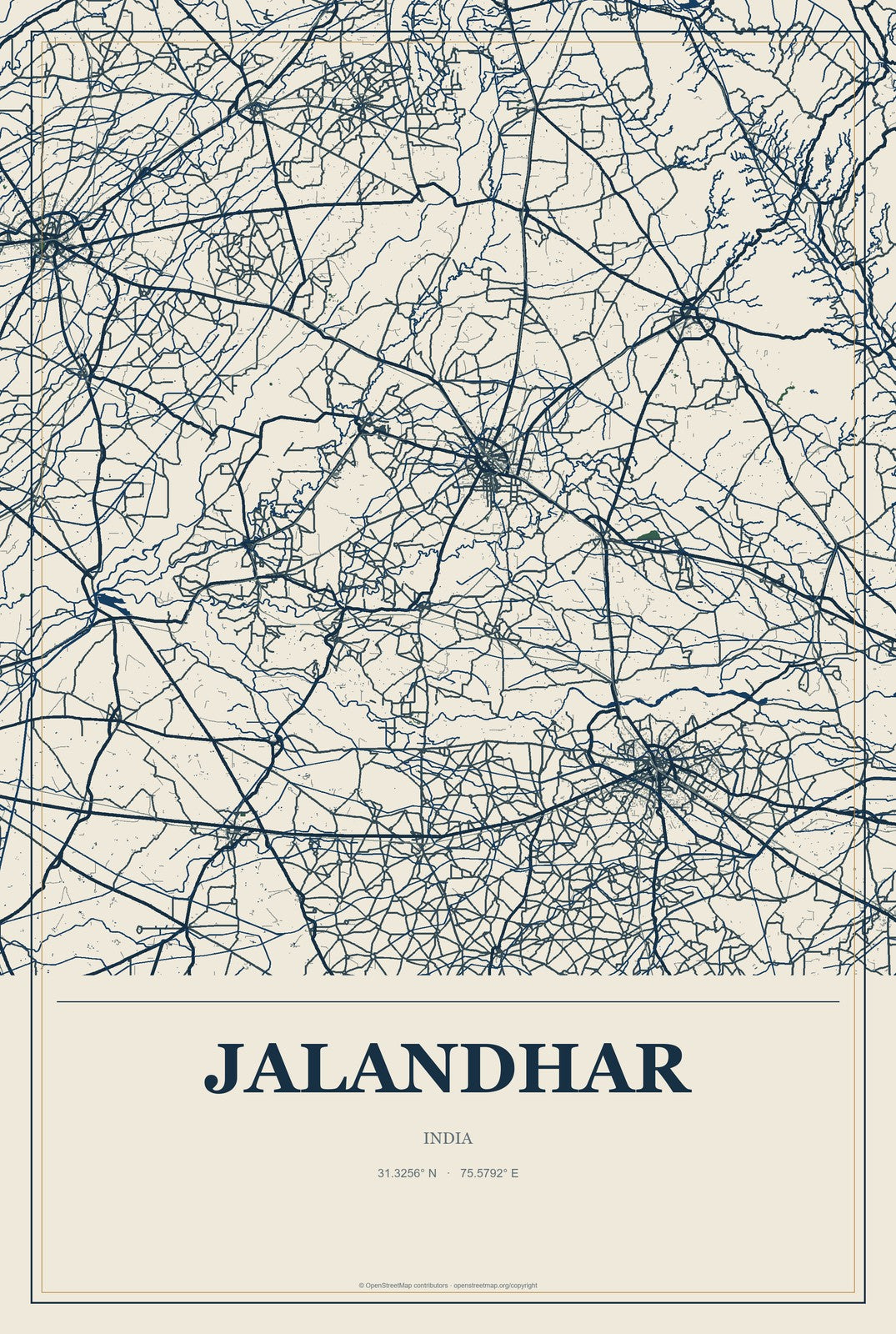 Jalandhar, India City Map Aluminum Sign in Coastal Cutout style