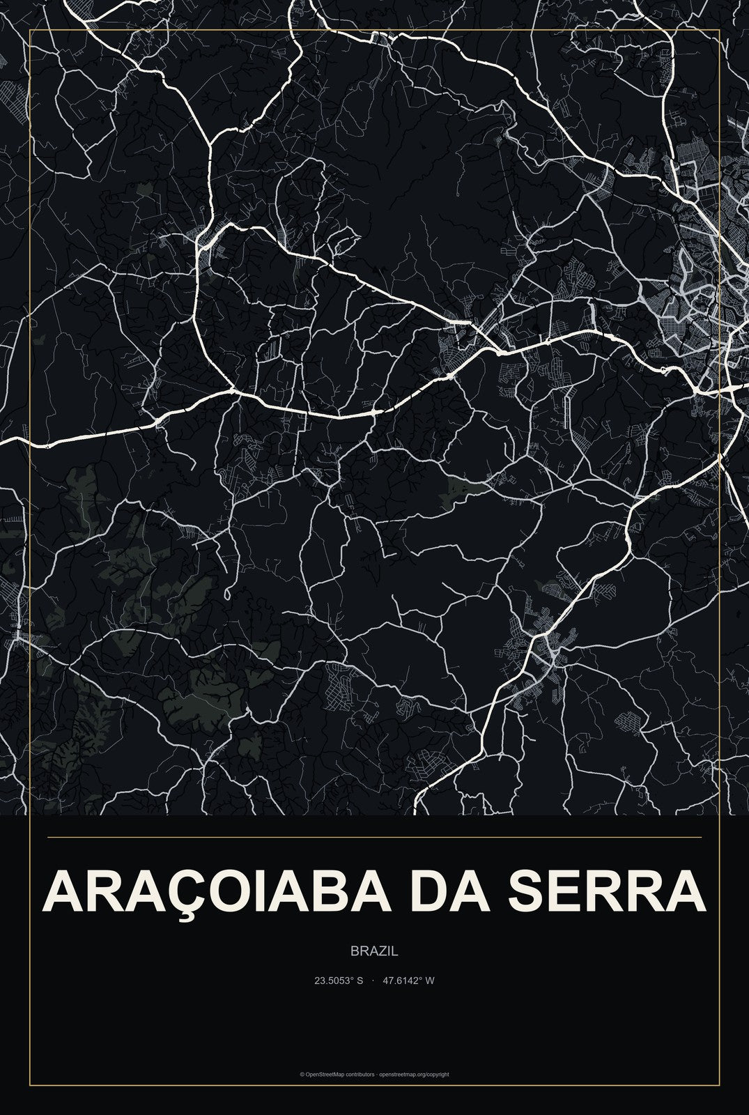 Araçoiaba da Serra, Brazil City Map Aluminum Sign in Metropolitan Noir style