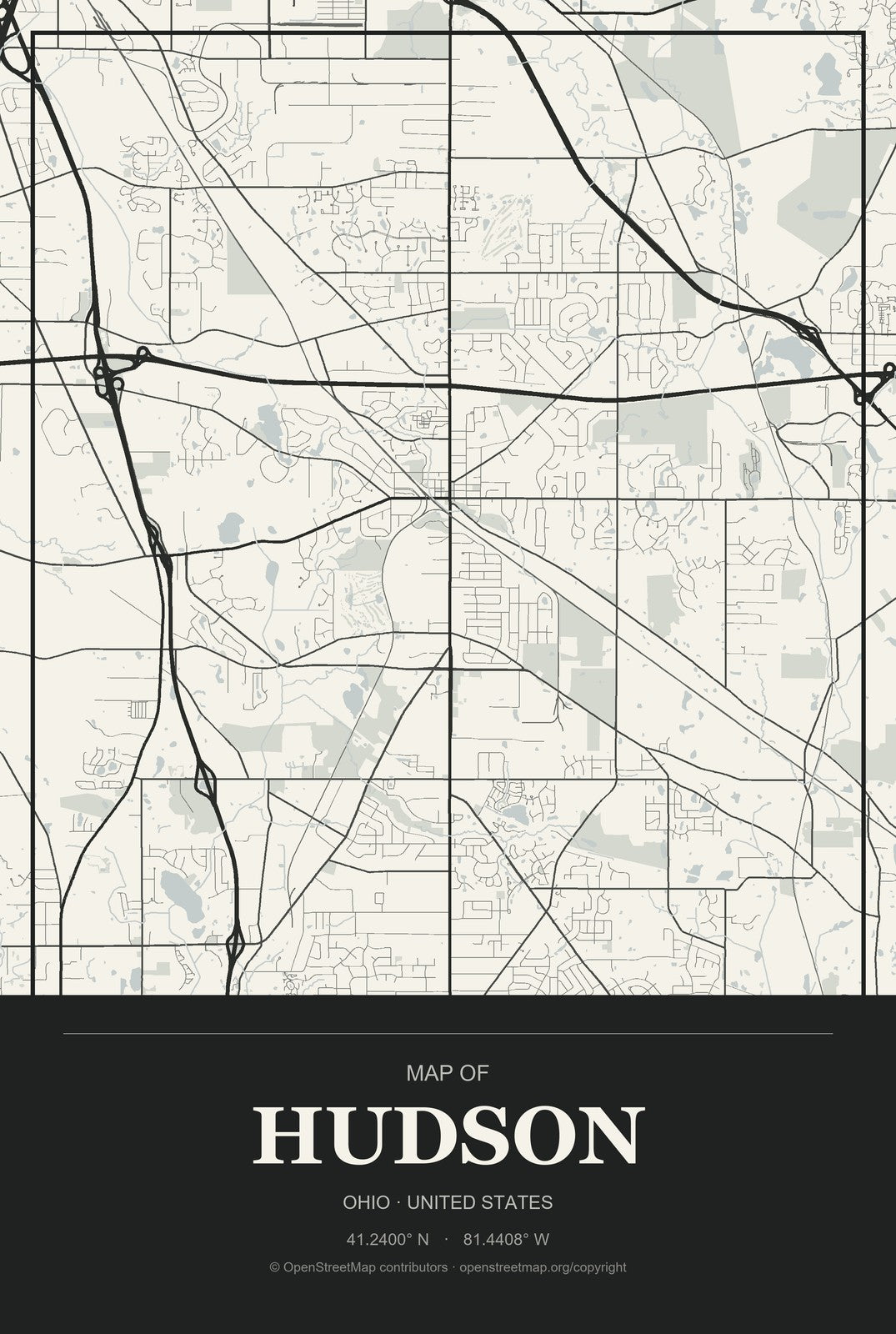Hudson, Ohio City Map Aluminum Sign in Museum Plaque style