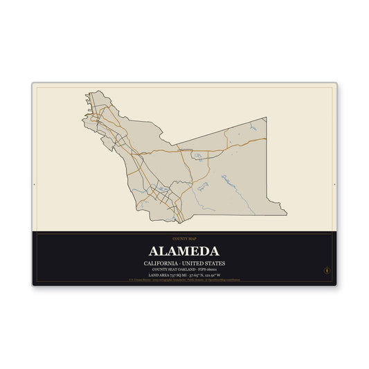 Alameda County, California Map Aluminum Sign in Museum Plaque style