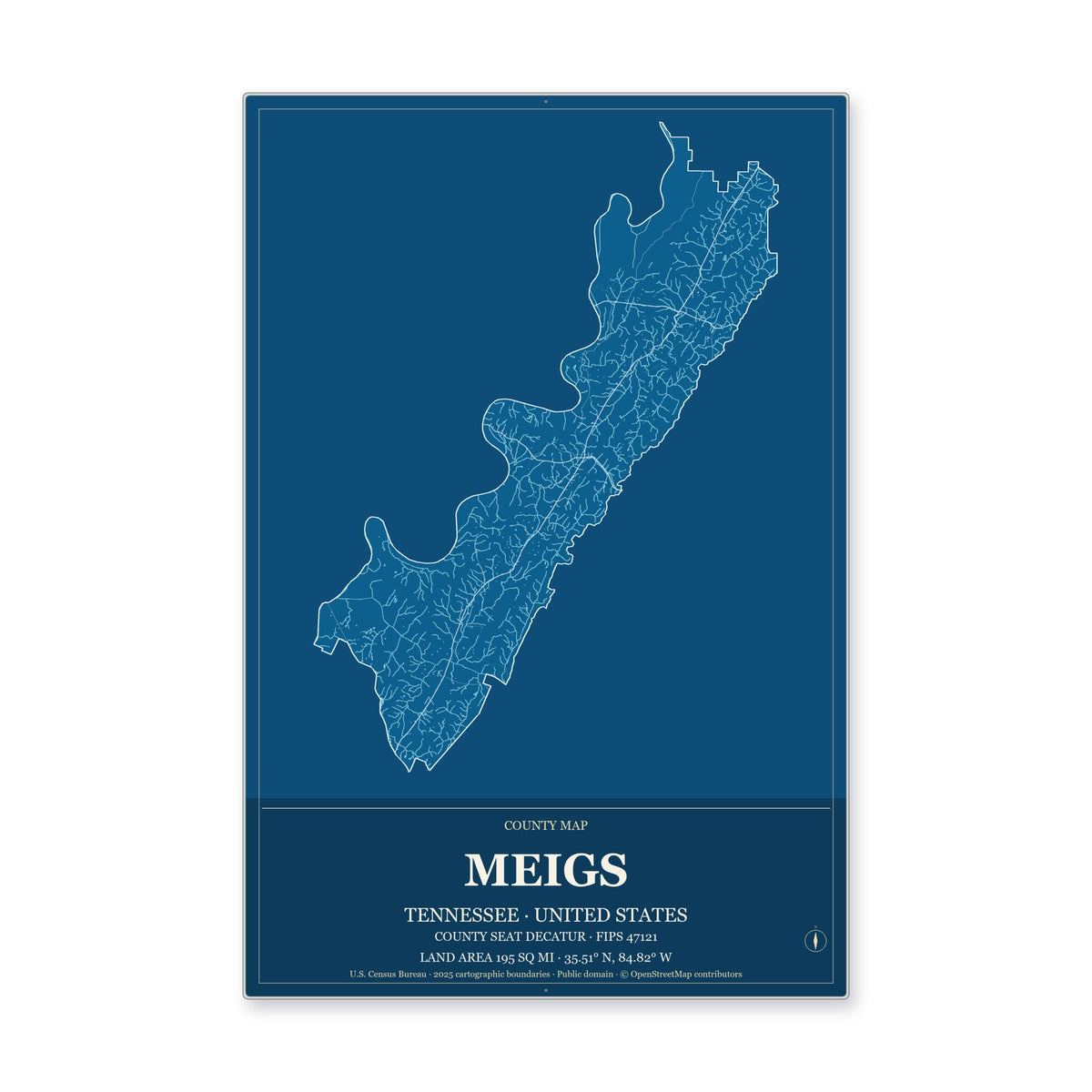 Meigs County, Tennessee Map Aluminum Sign in Harbor Cobalt style