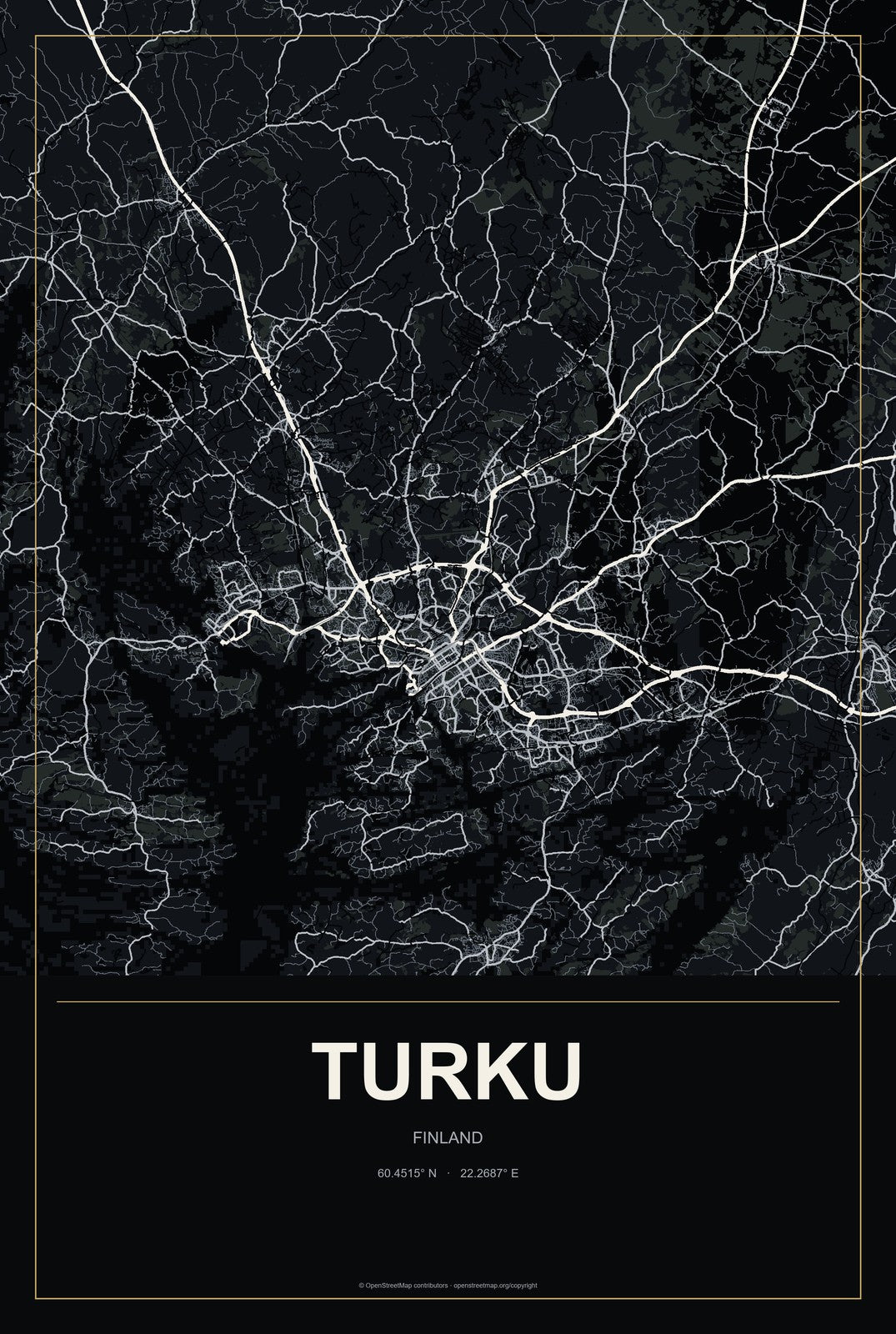 Turku, Finland City Map Aluminum Sign in Metropolitan Noir style