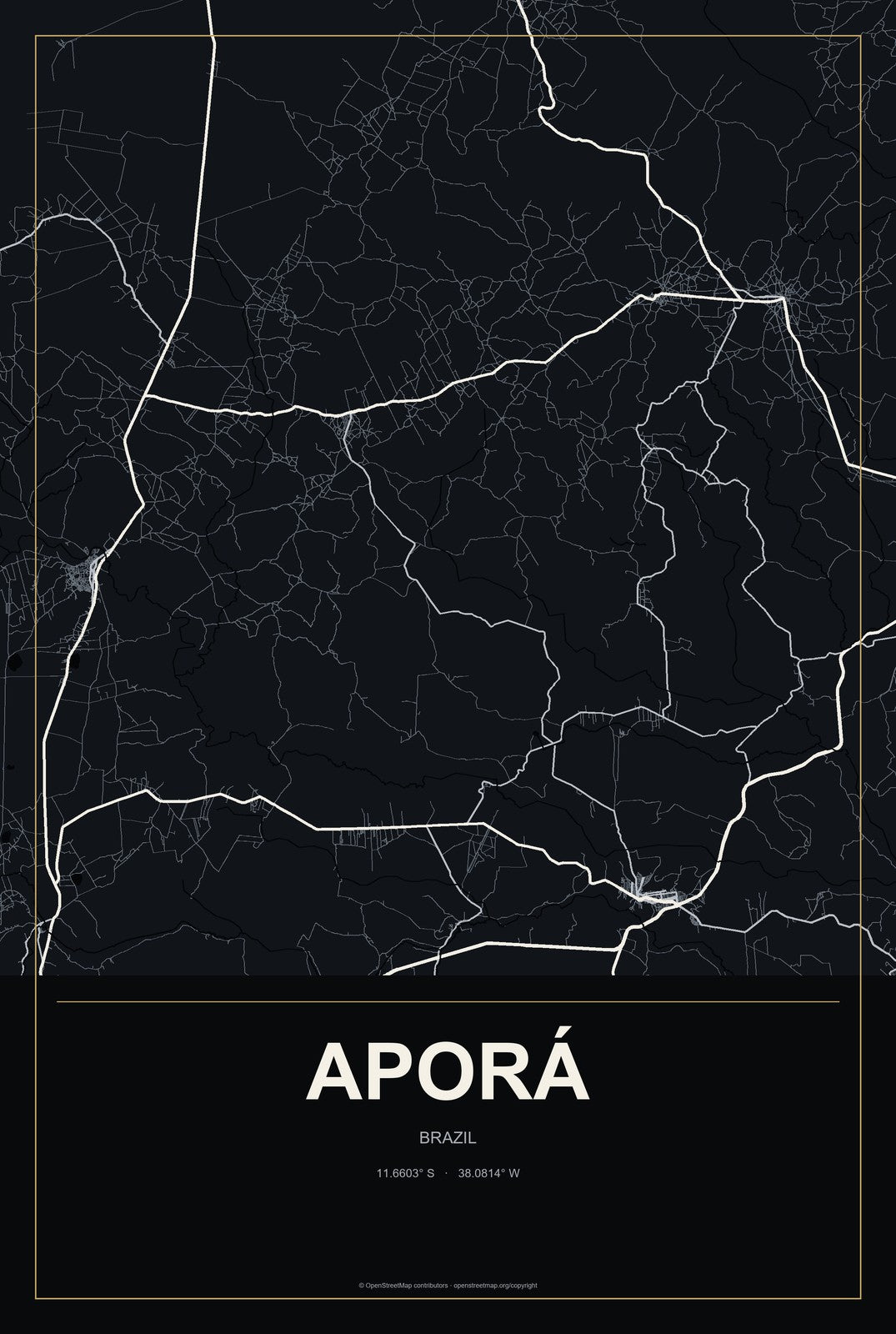 Aporá, Brazil City Map Aluminum Sign in Metropolitan Noir style