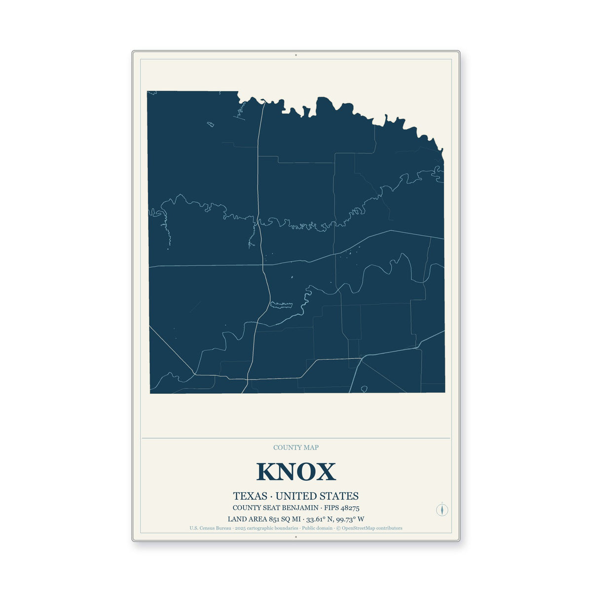 Knox County, Texas Map Aluminum Sign in Coastal Cutout style