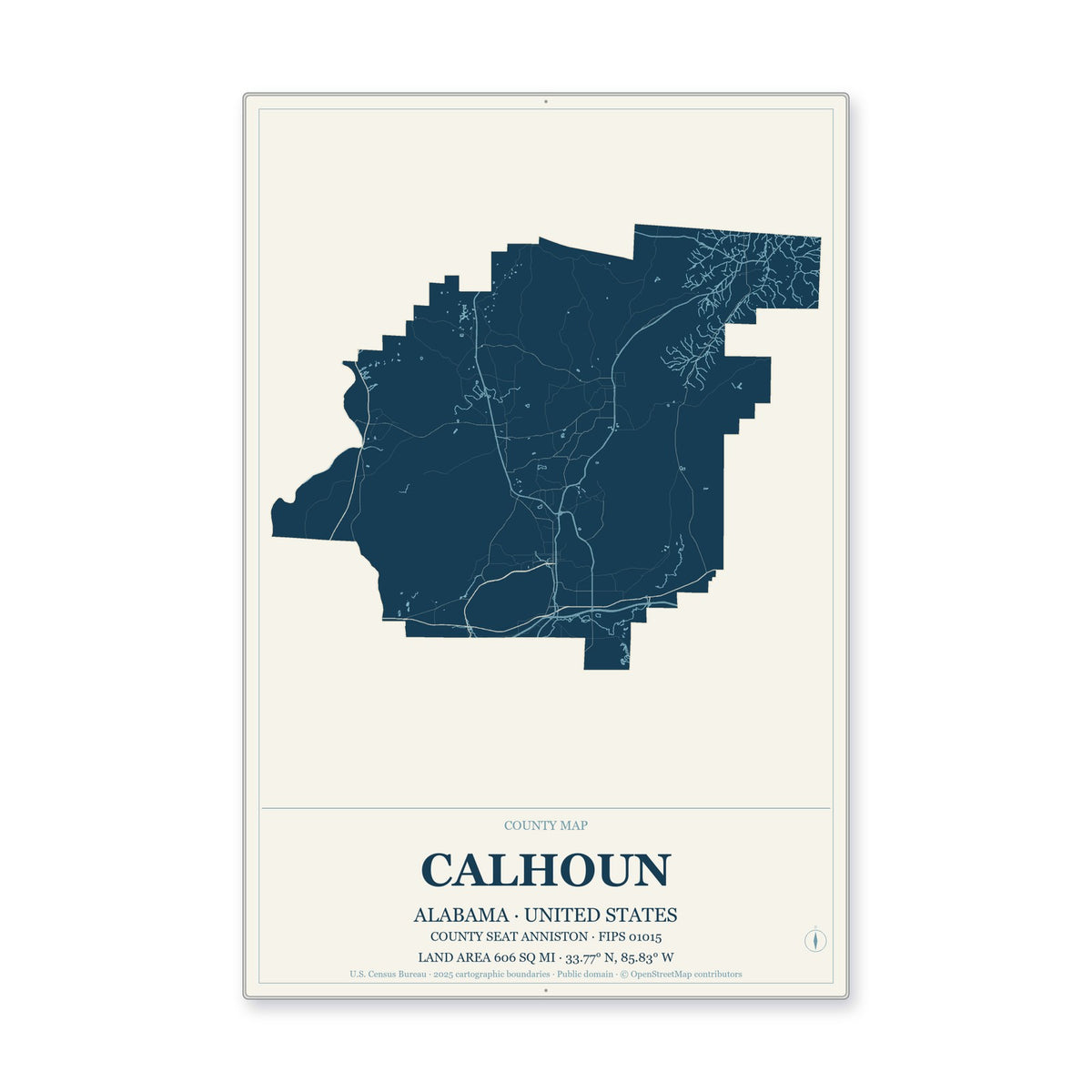 Calhoun County, Alabama Map Aluminum Sign in Coastal Cutout style
