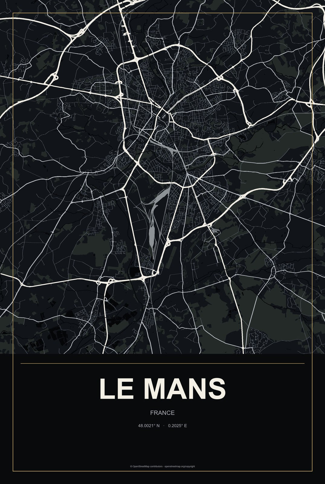 Le Mans, France City Map Aluminum Sign in Metropolitan Noir style