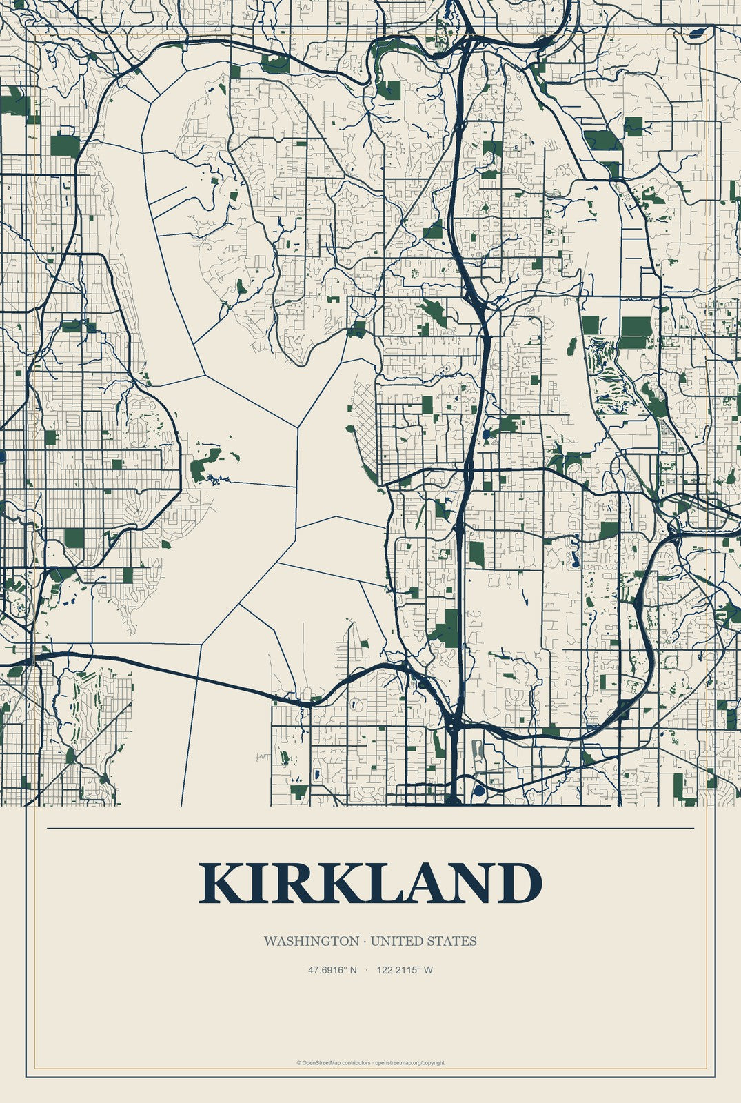 Kirkland, Washington City Map Aluminum Sign in Coastal Cutout style