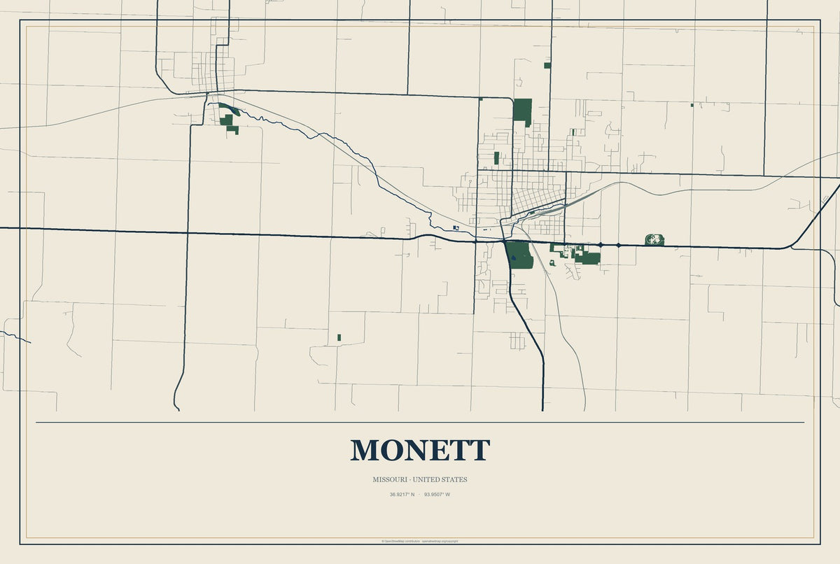 Monett, Missouri City Map Aluminum Sign in Coastal Cutout style