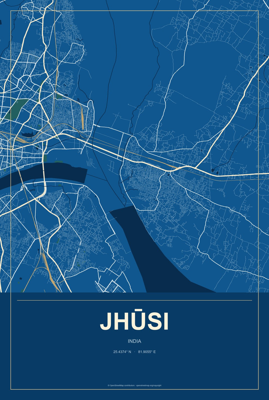 Jhūsi, India City Map Aluminum Sign in Harbor Cobalt style