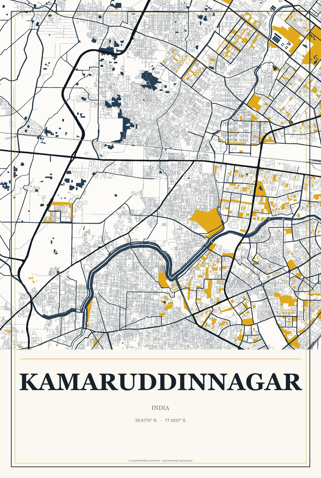 Kamaruddinnagar, India City Map Aluminum Sign in Citrine Modern style