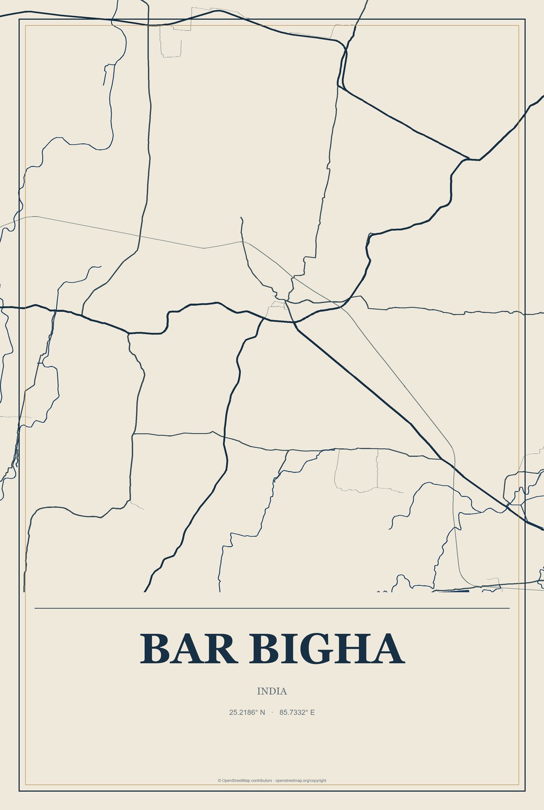 Bar Bigha, India City Map Aluminum Sign in Coastal Cutout style