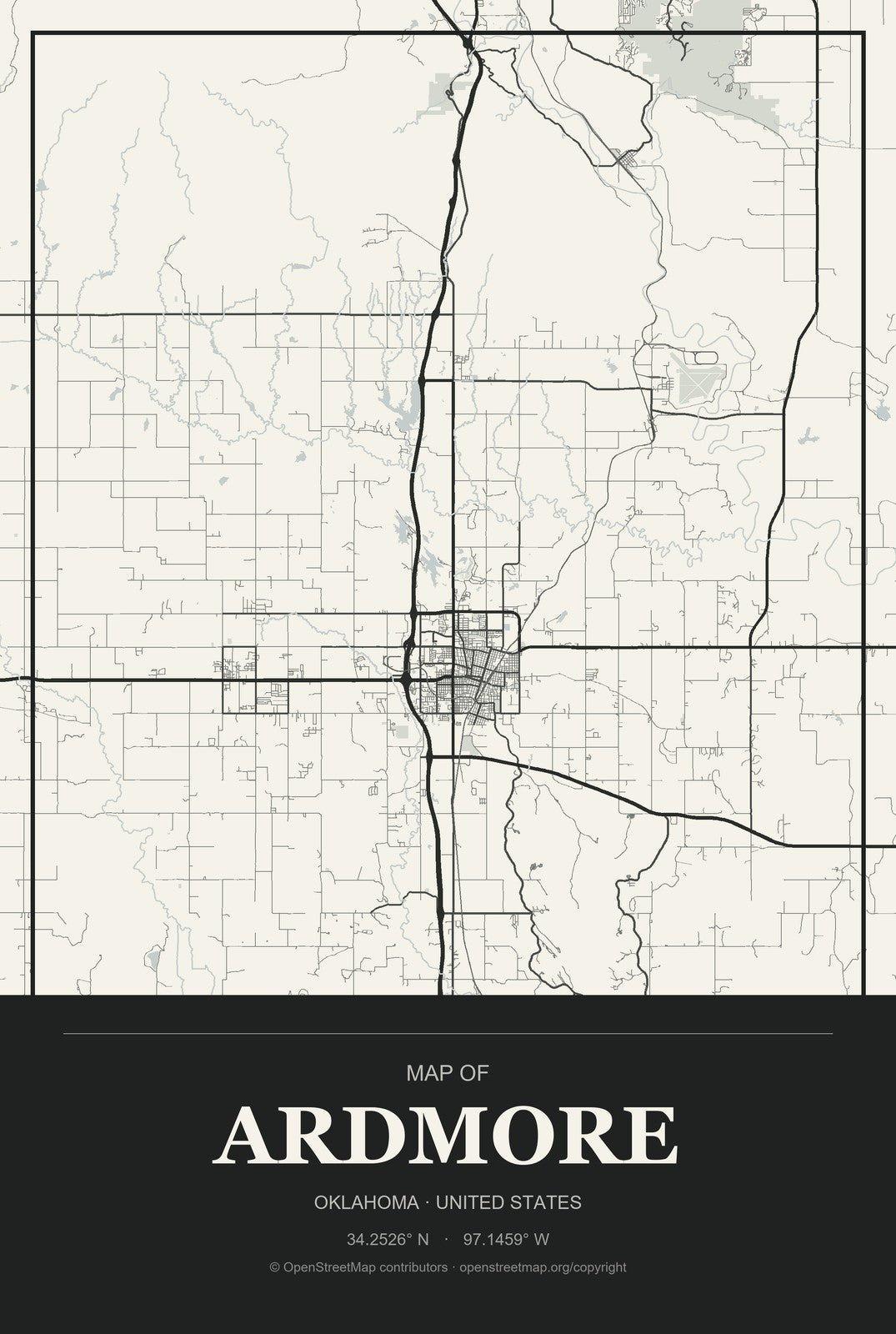 Ardmore, Oklahoma City Map Aluminum Sign in Museum Plaque style