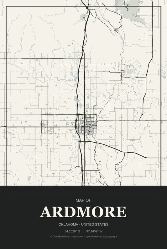 Ardmore, Oklahoma City Map Aluminum Sign in Museum Plaque style