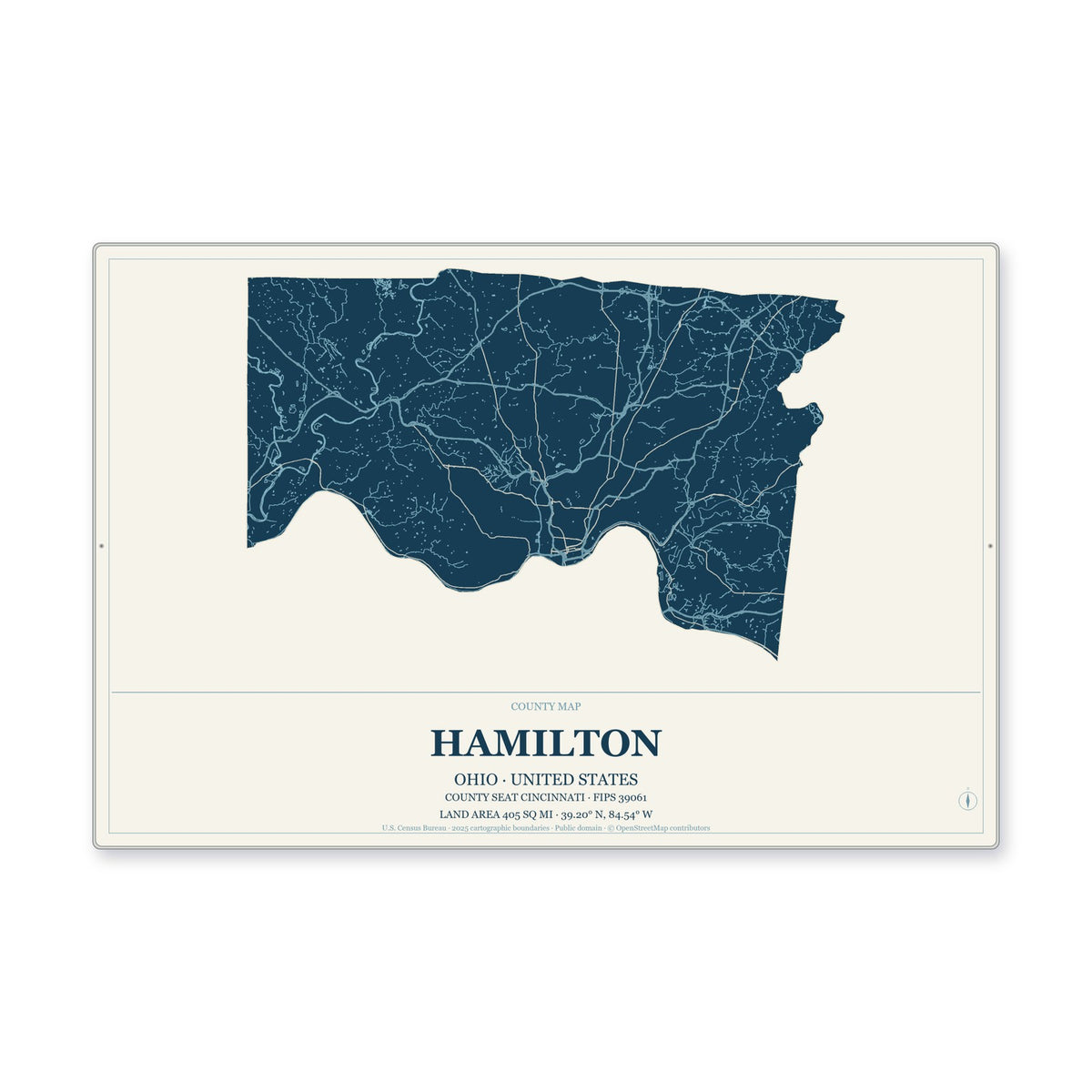 Hamilton County, Ohio Map Aluminum Sign in Coastal Cutout style