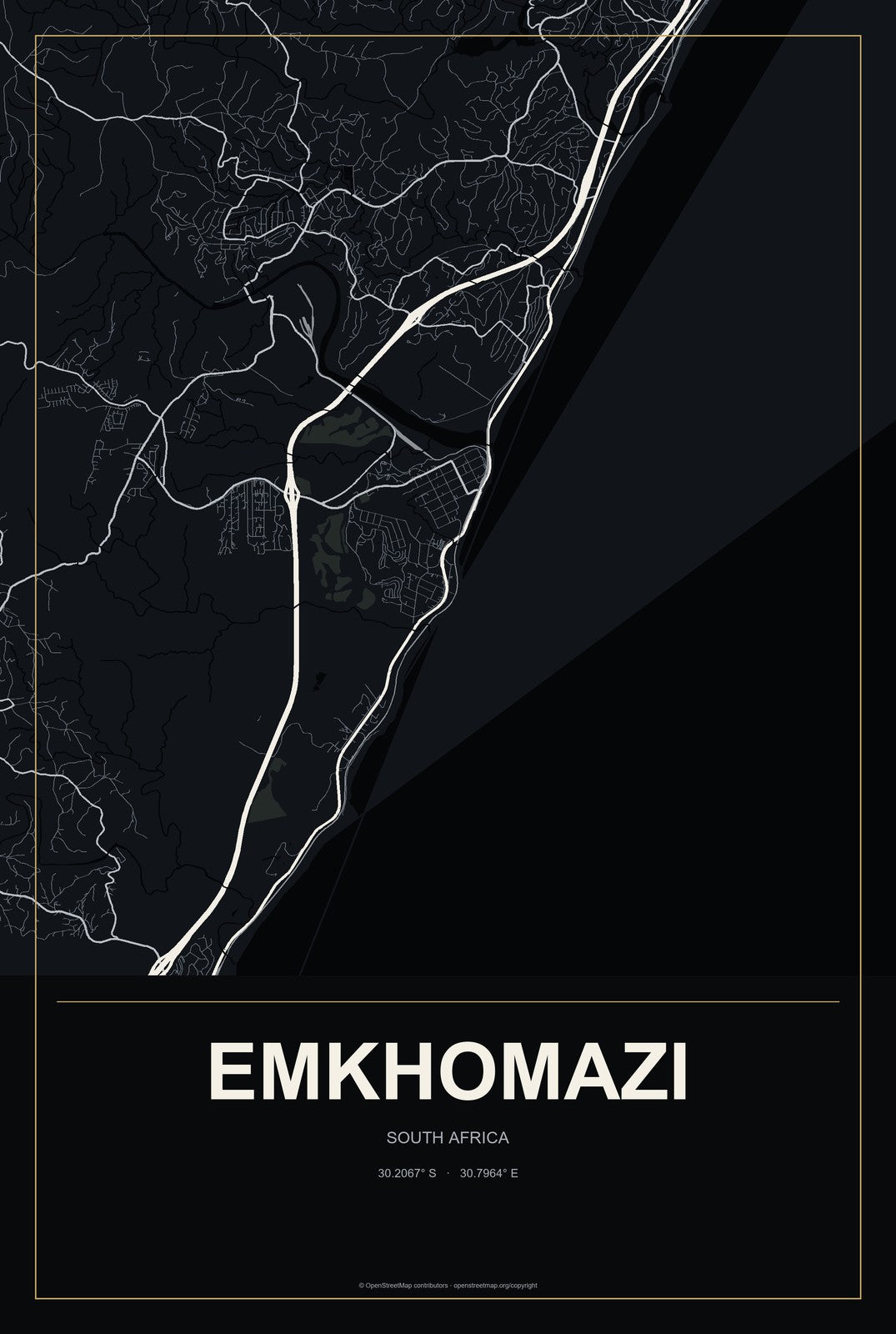 eMkhomazi, South Africa City Map Aluminum Sign in Metropolitan Noir style