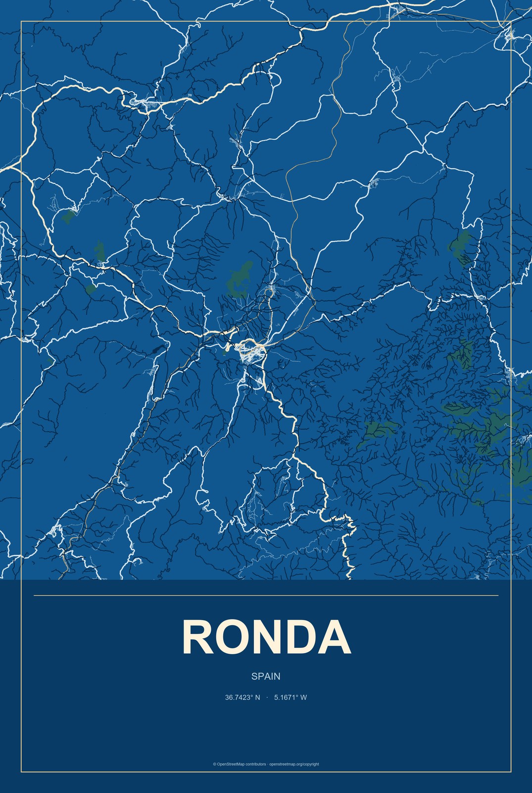 Ronda, Spain City Map Aluminum Sign in Harbor Cobalt style