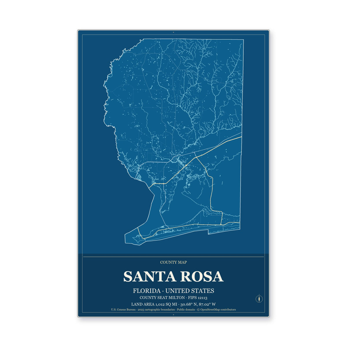 Santa Rosa County, Florida Map Aluminum Sign in Harbor Cobalt style