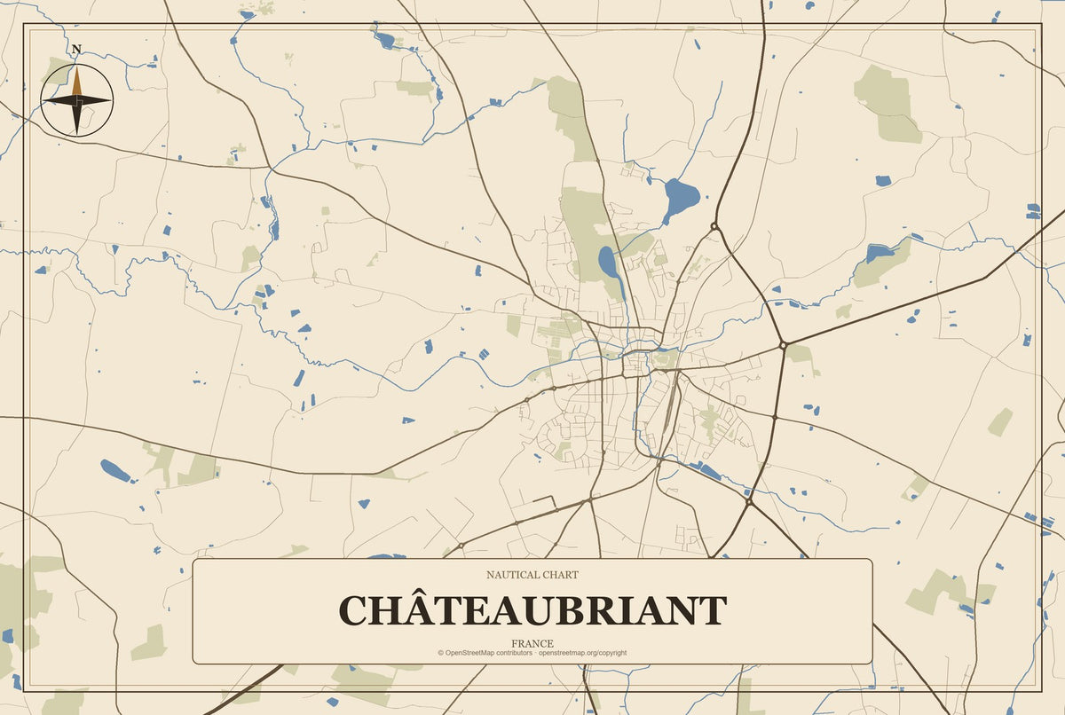 Châteaubriant, France City Map Aluminum Sign in Heritage Nautical style